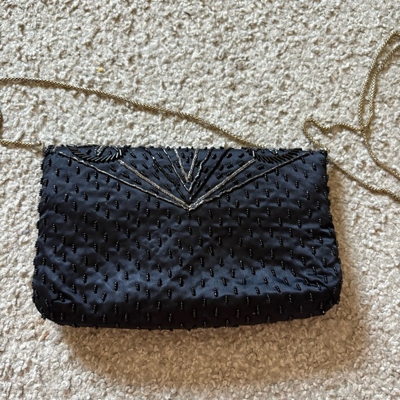 Vintage Black Beaded Shoulder Bag Purse Silver Chain Strap Elegant Clutch - Picture 5 of 5